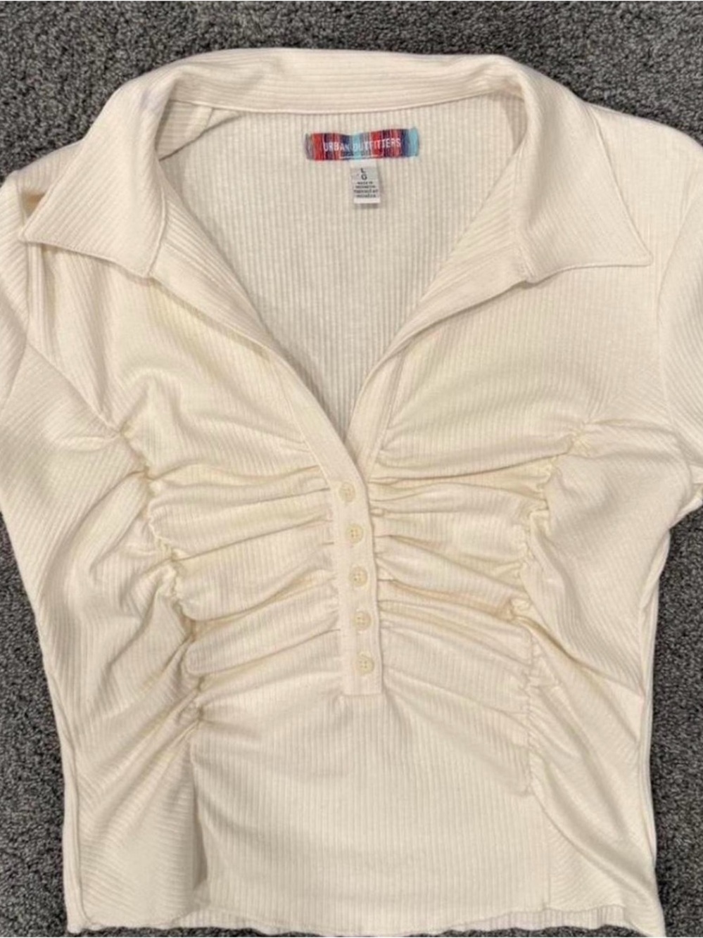 Urban Outfitters Cream Ribbed Ruched Button-Front Top